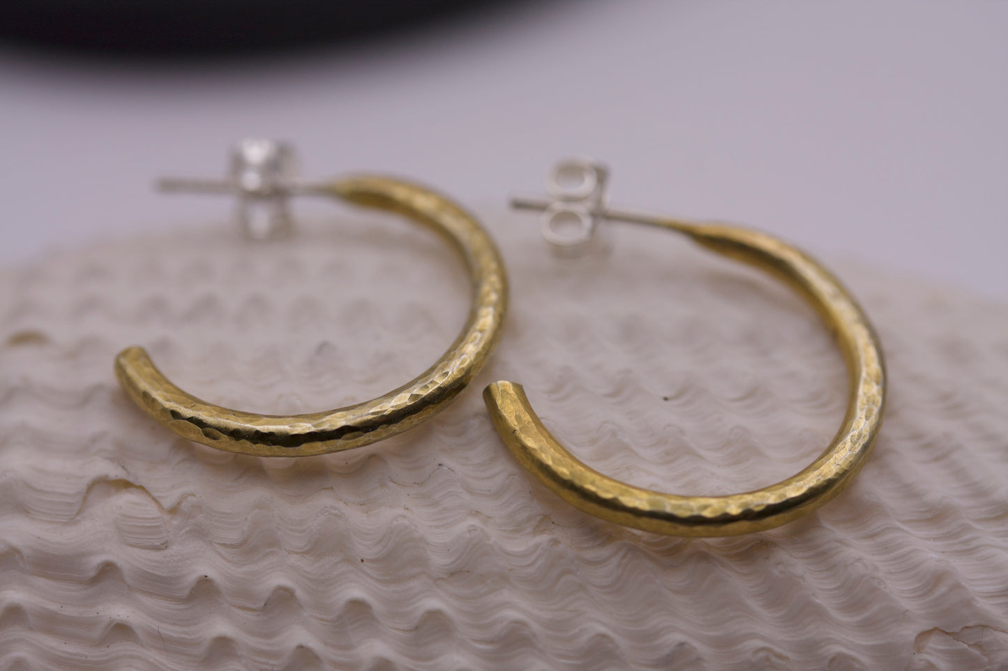 Gold Plated Sterling Silver Crescent Moon Hoop Earrings With a Fine Hammer Texture
