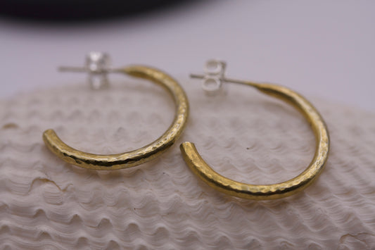 Gold Plated Sterling Silver Crescent Moon Hoop Earrings With a Fine Hammer Texture